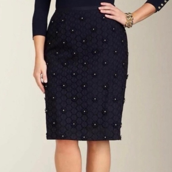 TALBOTS Navy Blue Floral Embroidered Lace Pencil Skirt 2P - Picture 1 of 14